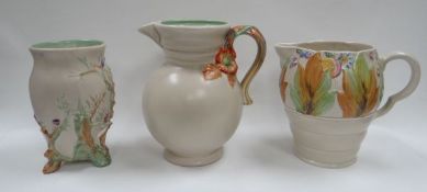 TWO CLARICE CLIFF MUSHROOM GLAZE JUGS & SIMILAR VASE, for Newport Pottery and each with various