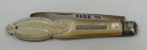 A MOTHER-OF-PEARL HANDLED SILVER FRUIT-KNIFE the mother-of-pearl with dimple and raised leaf