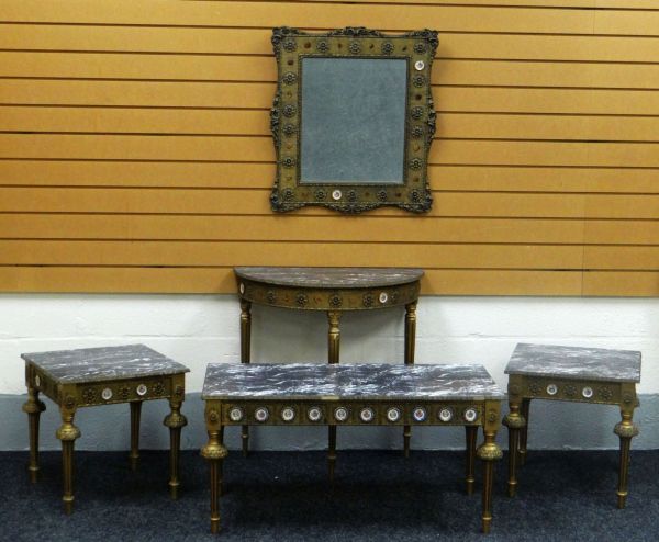 A SUITE OF REPRODUCTION FRENCH ARBORITE FURNITURE comprising Long John coffee table, half moon table
