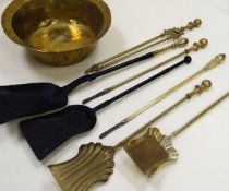 A BRASS PAN & THREE PIECE FIRESIDE ITEMS including a brass set of three, a brass pair and an
