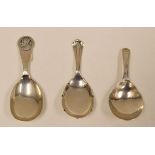 THREE ENGLISH SILVER CADDY SPOONS including Georgian example with engraved decoration, 1937