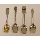 FOUR VARIOUS ENGLISH SILVER SPOONS including an example with enamel heraldic terminal with Masonic