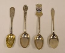 FOUR VARIOUS ENGLISH SILVER SPOONS including an example with enamel heraldic terminal with Masonic