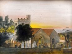 OBEDIAH HODGES watercolour - naive Welsh school study of a Welsh church and churchyard entitled on