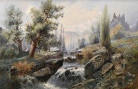 H KOLBE oil on canvas, a pair - Alpine river landscapes with figure and chateaux, signed, 51 x