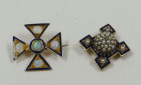 TWO GOLD & ENAMEL BROOCHES one in the form of a Maltese cross with four seed pearls and centre opal,