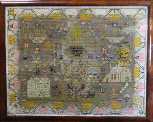 LARGE PICTORIAL SAMPLER BY CECILIA LEWIS 1884 featuring school house, church, tree of life, birds