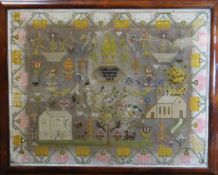 LARGE PICTORIAL SAMPLER BY CECILIA LEWIS 1884 featuring school house, church, tree of life, birds