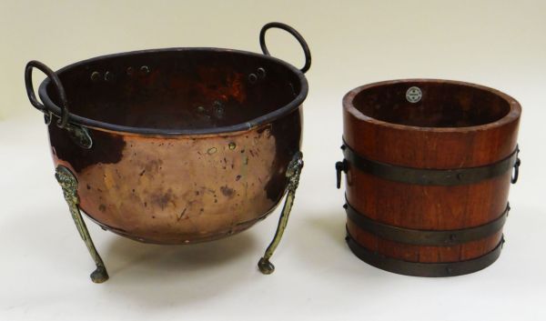 A SMALLER COPPER AND BRASS TWIN HANDLED COAL BOX and a wooden cooper's log bin with label for R A