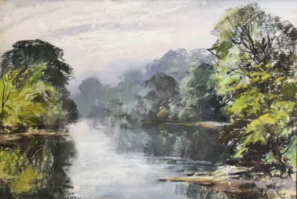 AUBREY PHILLIPS pastel - river scene with woodland on each bank, entitled verso 'Autumn Mists on the