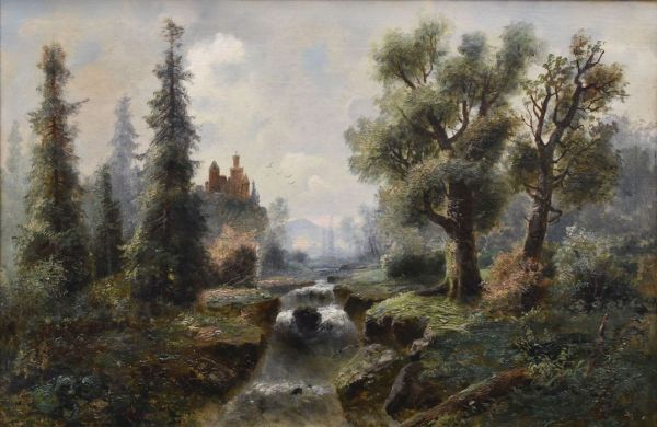 H KOLBE oil on canvas, a pair - Alpine river landscapes with figure and chateaux, signed, 51 x - Image 2 of 2