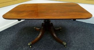 A FINE QUALITY TILTING MAHOGANY TEA TABLE of rounded rectangular form and on turned columnal base