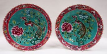 A PAIR OF QING PERIOD NYONA DISHES typically decorated with exotic bird and blossom tree to the