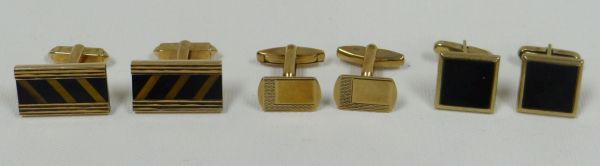 THREE PAIRS OF 9CT GOLD CUFFLINKS two with black enamel designs, 27.4gms gross