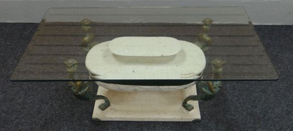 A MODERN GLASS TOP COFFEE TABLE on a figural and faux-marble base in the classical Egyptian style, - Image 3 of 3