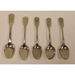 FIVE ENGLISH SILVER TEASPOONS comprising a set of three, London 1835 by Adey, Bellamy & Savory and a