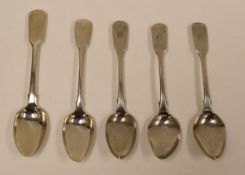 FIVE ENGLISH SILVER TEASPOONS comprising a set of three, London 1835 by Adey, Bellamy & Savory and a