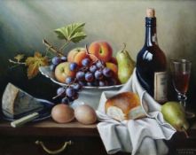 CONSTANCE COOPER oil on canvas - still life of fruit, cheese and port on a table, signed, 40 x