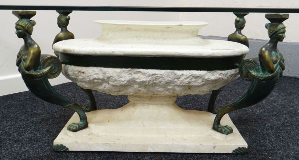 A MODERN GLASS TOP COFFEE TABLE on a figural and faux-marble base in the classical Egyptian style, - Image 2 of 3