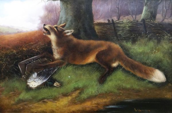 ROBERT CLEMINSON oil on canvas, a pair - sequential fox studies, the first chasing a mallard and the - Image 2 of 2