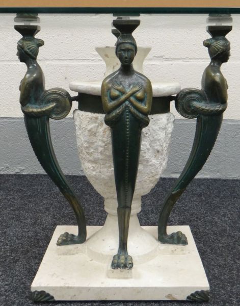 A MODERN SQUARE GLASS TOP COFFEE TABLE on a figural and faux-marble base in the classical Egyptian - Image 2 of 2