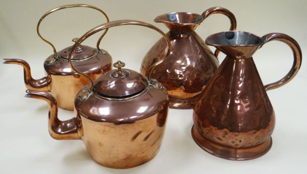 TWO COPPER JUGS & TWO COPPER KETTLES the jugs being two gallons and one gallon