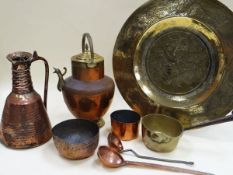 A PARCEL OF MIXED COPPER AND BRASS on a brass benares tray