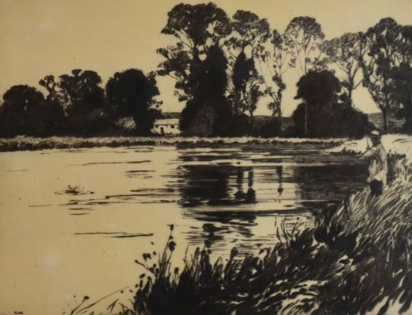 NORMAN WILKINSON etching - fisherman casting from lake edge with distant cottage, entitled verso '