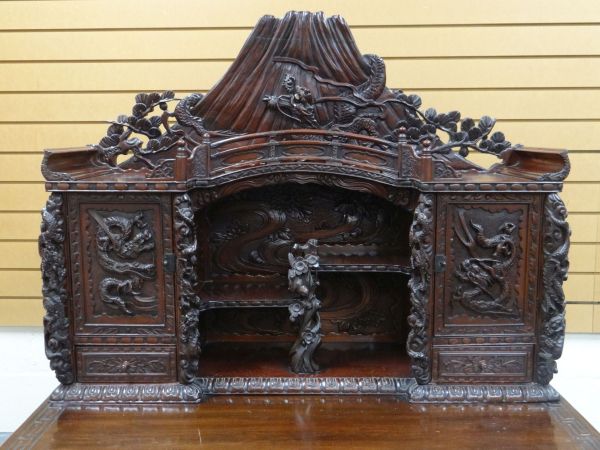 A JAPANESE MEIJI CARVED DESK with cabinet and recess top and base of two drawers, heavily carved - Image 2 of 6
