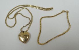 TWO 9CT YELLOW GOLD CHAINS one with heart locket, the other a bracelet, 11.5gms gross