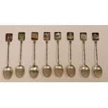 SET OF EIGHT JAPANESE SILVER TEA SPOONS with square enamelled terminals by Toshikane, 69gms