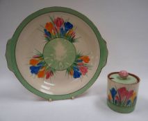 A CLARICE CLIFF 'SPRING CROCUS' PRESERVE POT & TRAY, pot 8.5cms high, twin-handled tray 24cms diam