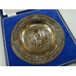 A WINSTON CHURCHILL CENTENARY COMMEMORATIVE SILVER DISH with inscription and dates, complete with