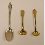THREE ENGLISH SILVER SPOONS comprising an engraving decorated dessert spoon, Birmingham 1818, a