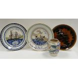THREE POOLE PLATES & A POOLE VASE comprising 'The Ship of Harry Paye, Poole 1400', 28cms diam, 'Brig