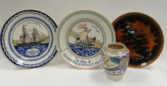 THREE POOLE PLATES & A POOLE VASE comprising 'The Ship of Harry Paye, Poole 1400', 28cms diam, 'Brig