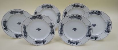 SET OF SIX WEDGWOOD CREAMWARE PLATES FOR MAPLE & CO with matching border scenes of four English