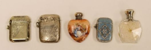 THREE VESTAS & TWO SMELLING-SALT BOTTLES including an enamelled silver vesta, porcelain romantic