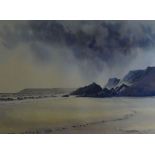 R M MUMFORD watercolour - beach with headland, signed, 30 x 41cms
