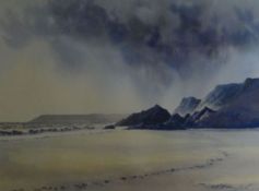 R M MUMFORD watercolour - beach with headland, signed, 30 x 41cms