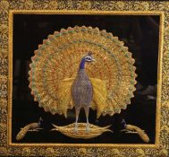 AN IMPRESSIVE INDIAN GOLD BRAID NEEDLEWORK PANEL of a peacock with cushioned body and wings and