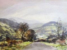 AUBREY PHILLIPS pastel - view of hills from lane, entitled verso 'Black Mountains and River Usk