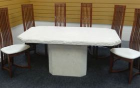 A MODERN FAUX-MARBLE DINING TABLE AND CHAIRS the table of plain form with single pedestal and the