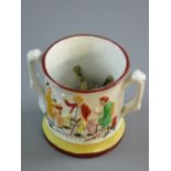 A LARGE STAFFORDSHIRE POTTERY TWIN HANDLED FROG MUG, raised side panel decoration of gentlemen