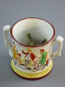 A LARGE STAFFORDSHIRE POTTERY TWIN HANDLED FROG MUG, raised side panel decoration of gentlemen