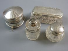 A CIRCULAR SILVER VELVET LINED RING BOX on three pad supports, Birmingham 1913 (some impact