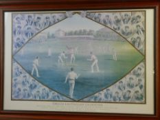 AN UNATTRIBUTED COLOURED PRINT - 'English and Australian Cricketers Played at Lords Cricket