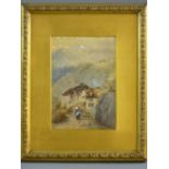 LATE 19th CENTURY CONTINENTAL SCHOOL watercolour - mountainscape with old dwellings and figure on