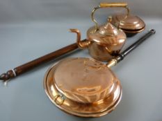 TWO ANTIQUE COPPER BEDWARMERS WITH TURNED HANDLES and a Georgian copper kettle with acorn knob