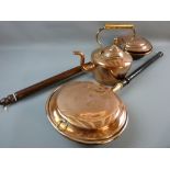 TWO ANTIQUE COPPER BEDWARMERS WITH TURNED HANDLES and a Georgian copper kettle with acorn knob